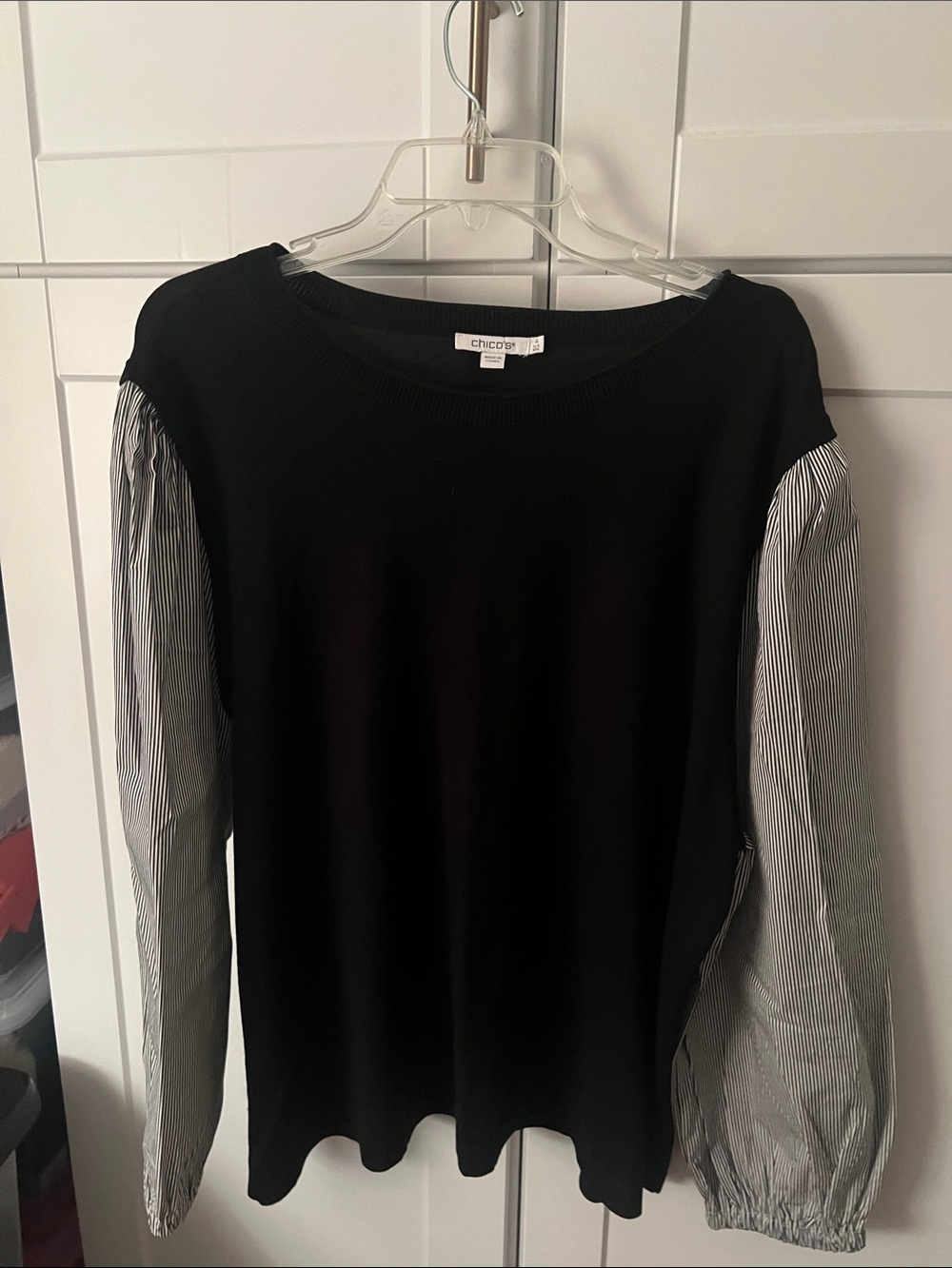 Chico's Black Knit Top with Pinstripe Balloon Sleeves